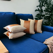 Set Of 4 Brown Checkered Faux Leather Pillow Covers-Accent Throw Pillows-DECOROLALA