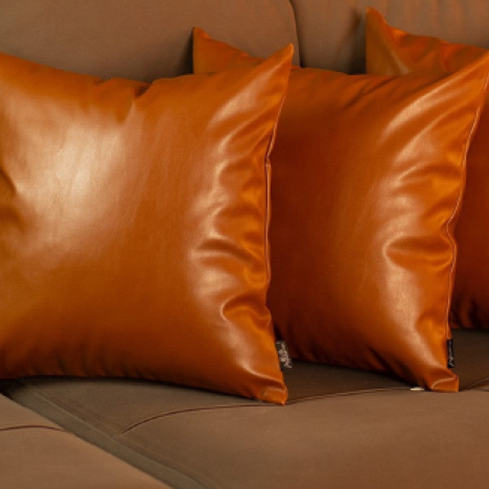 Set Of 4 Brown Faux Leather 17" Pillow Covers-Accent Throw Pillows-DECOROLALA