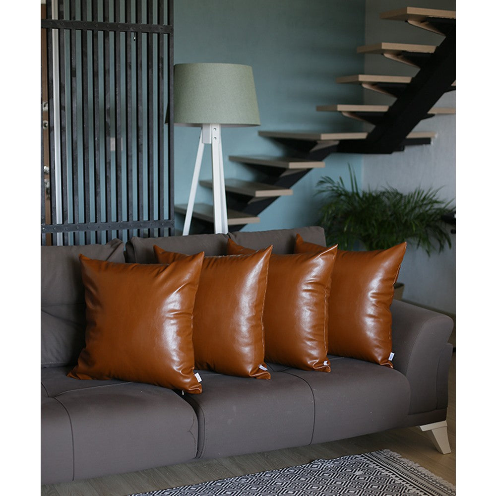 Set Of 4 Brown Faux Leather 22" Pillow Covers-Accent Throw Pillows-DECOROLALA
