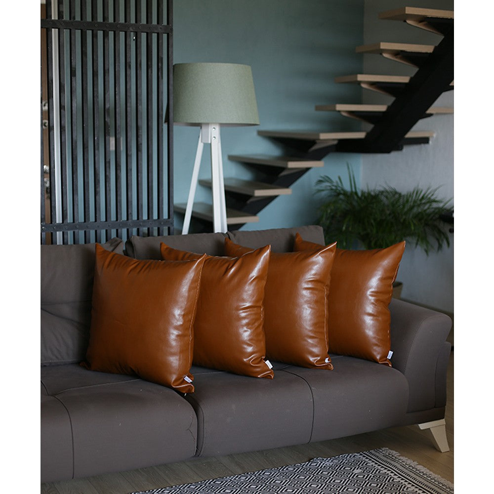 Set Of 4 Brown Faux Leather 22" Pillow Covers-Accent Throw Pillows-DECOROLALA