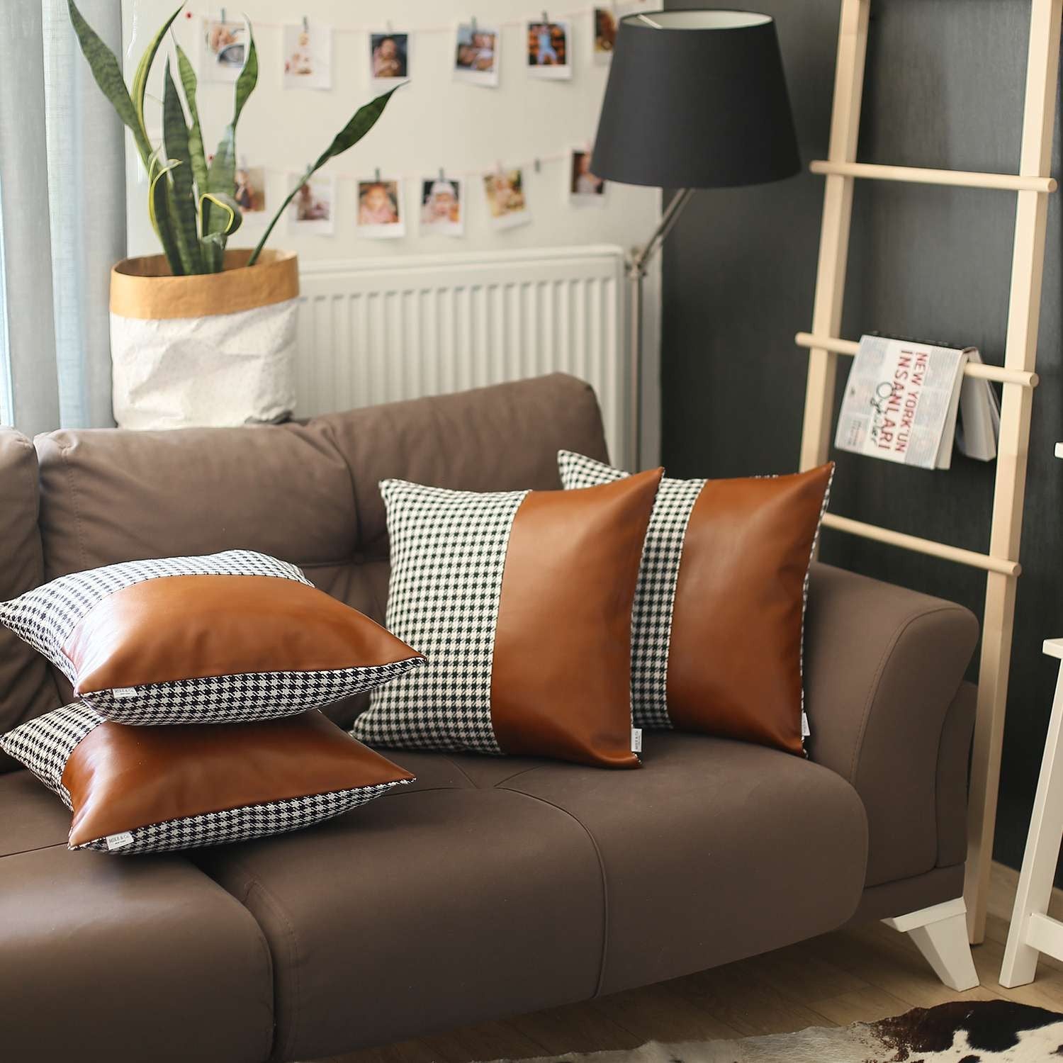 Set Of 4 Brown Faux Leather Pillow Covers-Accent Throw Pillows-DECOROLALA