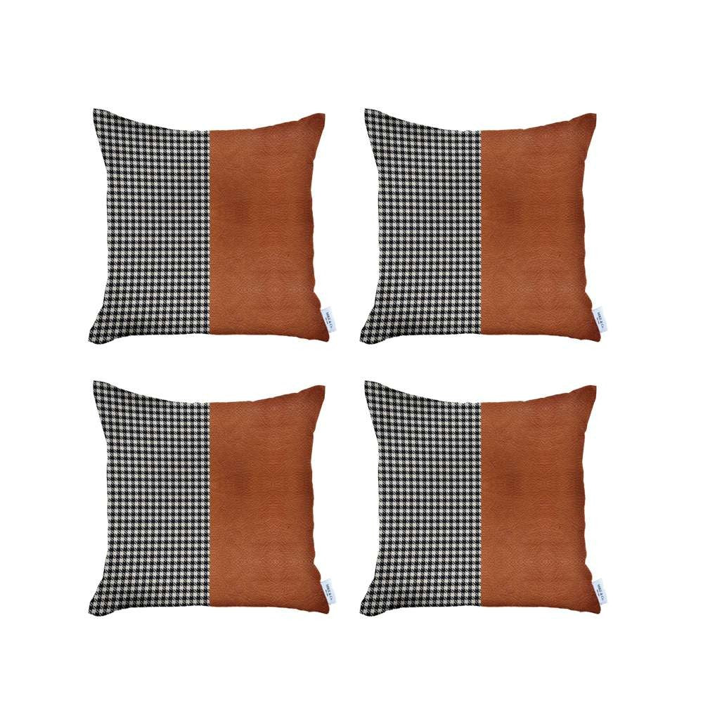 Set Of 4 Brown Faux Leather Pillow Covers-Accent Throw Pillows-DECOROLALA