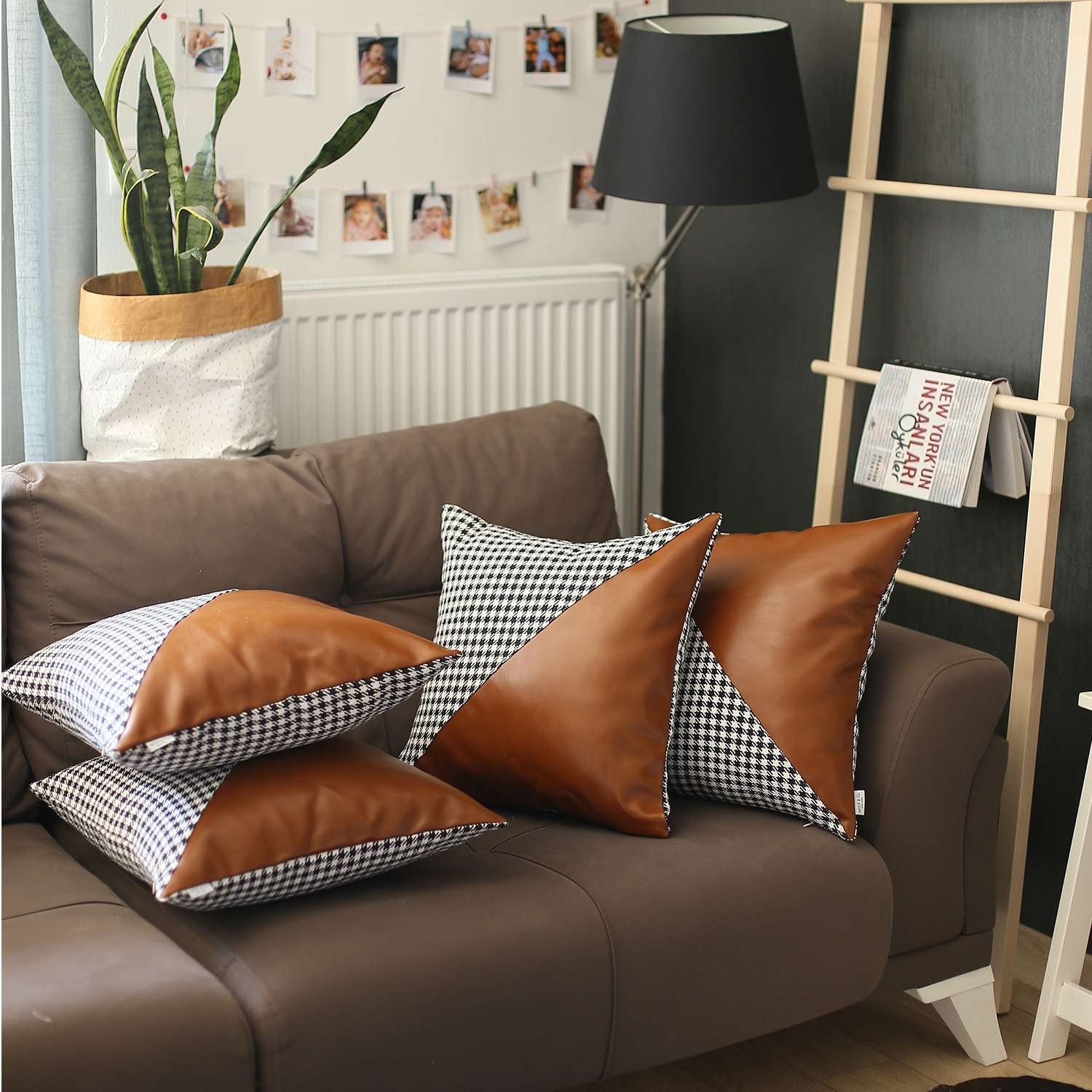 Set Of 4 Houndstooth Brown Faux Leather Pillow Covers-Accent Throw Pillows-DECOROLALA