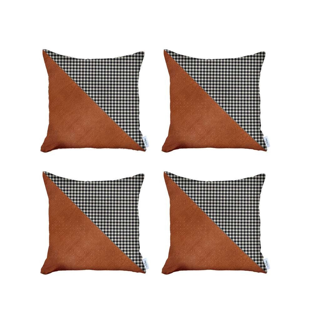 Set Of 4 Houndstooth Brown Faux Leather Pillow Covers-Accent Throw Pillows-DECOROLALA
