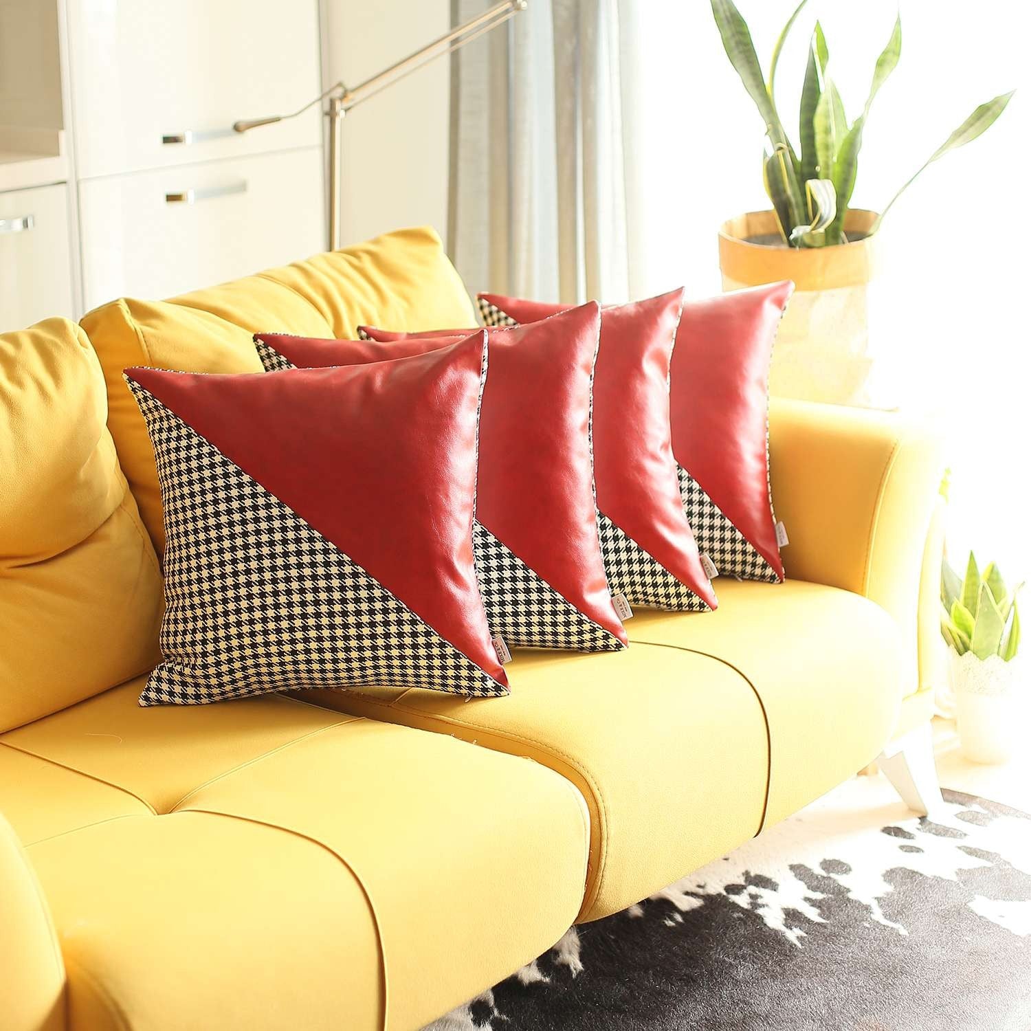 Set Of 4 Houndstooth Red Faux Leather Pillow Covers-Accent Throw Pillows-DECOROLALA
