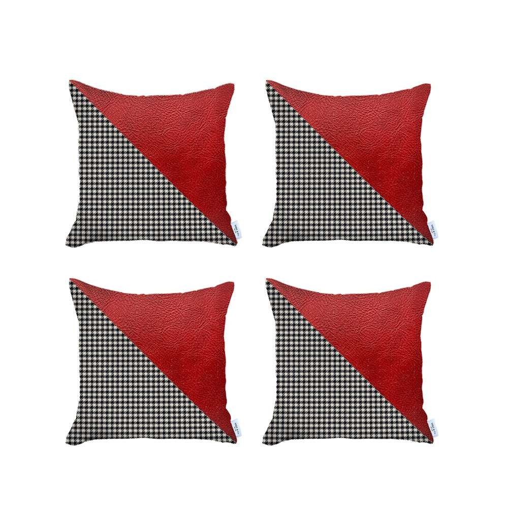 Set Of 4 Houndstooth Red Faux Leather Pillow Covers-Accent Throw Pillows-DECOROLALA