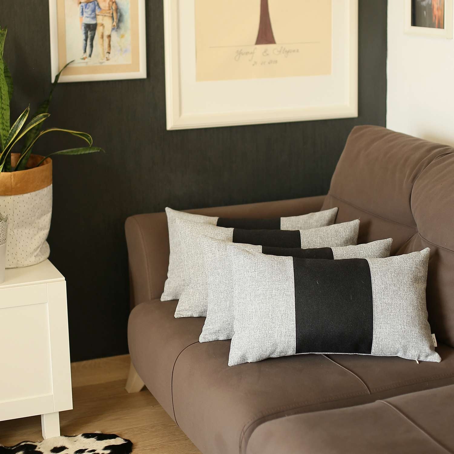 Set Of 4 Ivory And Black Lumbar Pillow Covers-Accent Throw Pillows-DECOROLALA