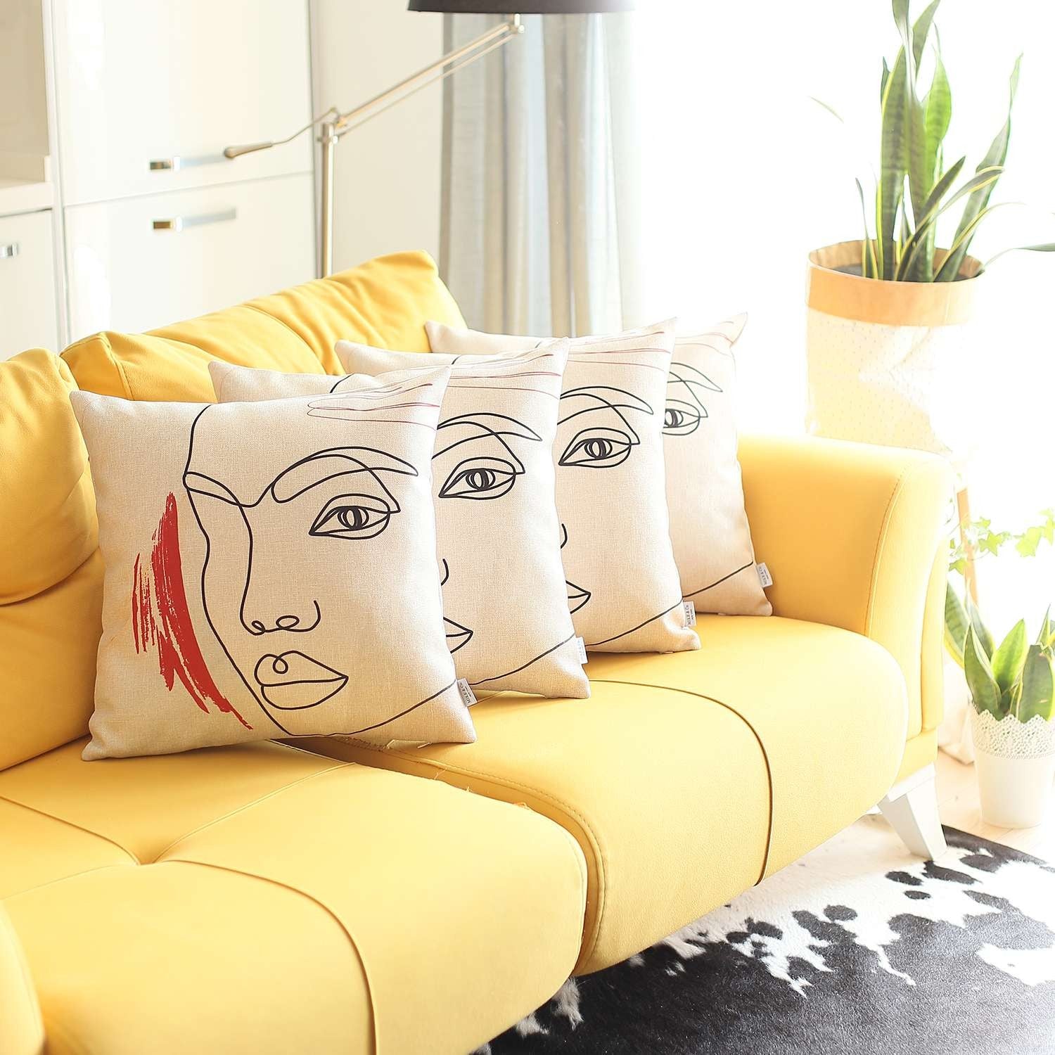 Set Of 4 Ivory Printed Boho Chic Pillow Covers-Accent Throw Pillows-DECOROLALA