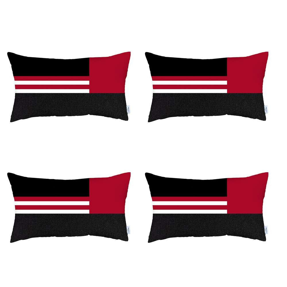Set Of 4 Red And Black Lumbar Pillow Covers-Accent Throw Pillows-DECOROLALA