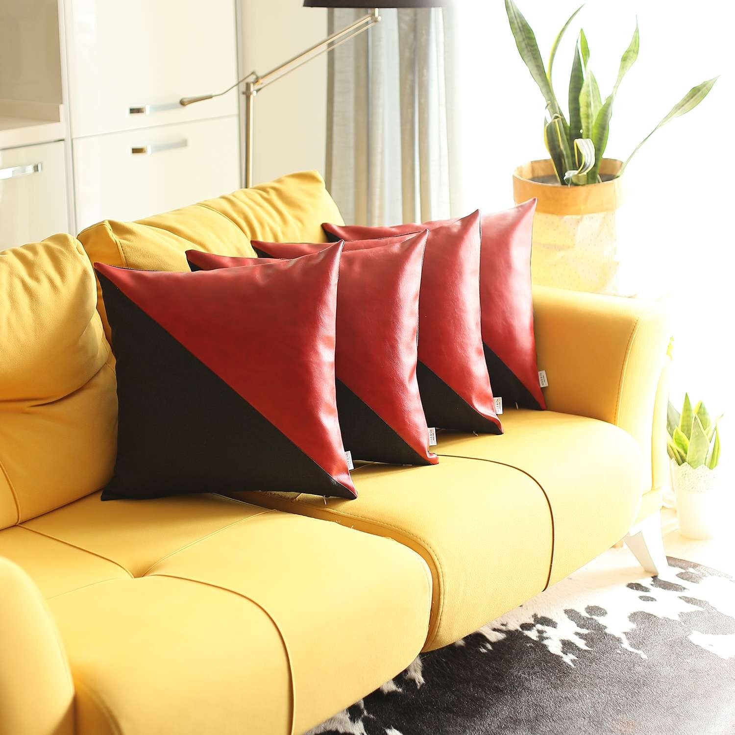 Set Of 4 Red And Faux Leather Lumbar Pillow Covers-Accent Throw Pillows-DECOROLALA