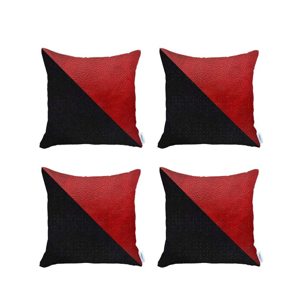 Set Of 4 Red And Faux Leather Lumbar Pillow Covers-Accent Throw Pillows-DECOROLALA