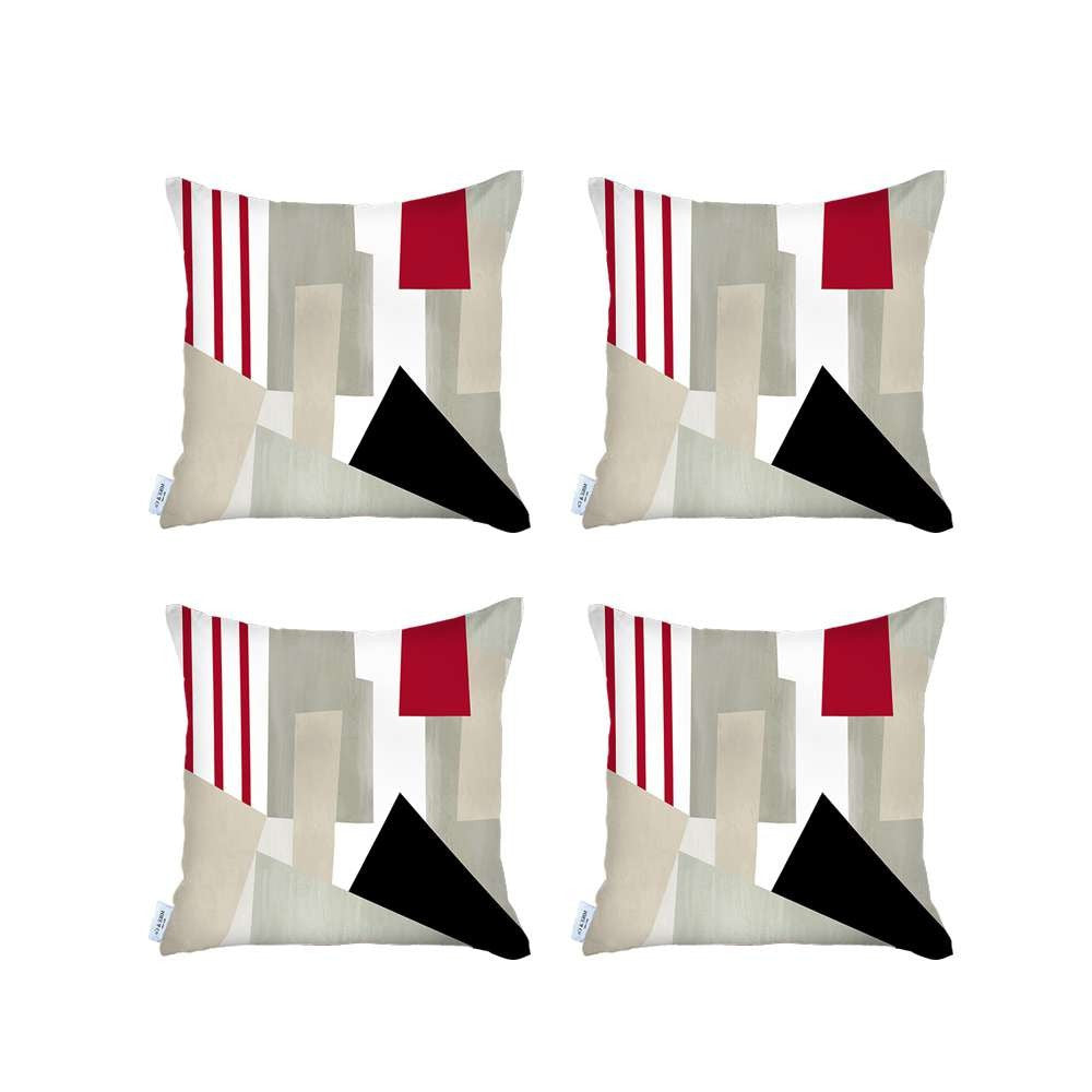 Set Of 4 Red And Ivory Printed Pillow Covers-Accent Throw Pillows-DECOROLALA