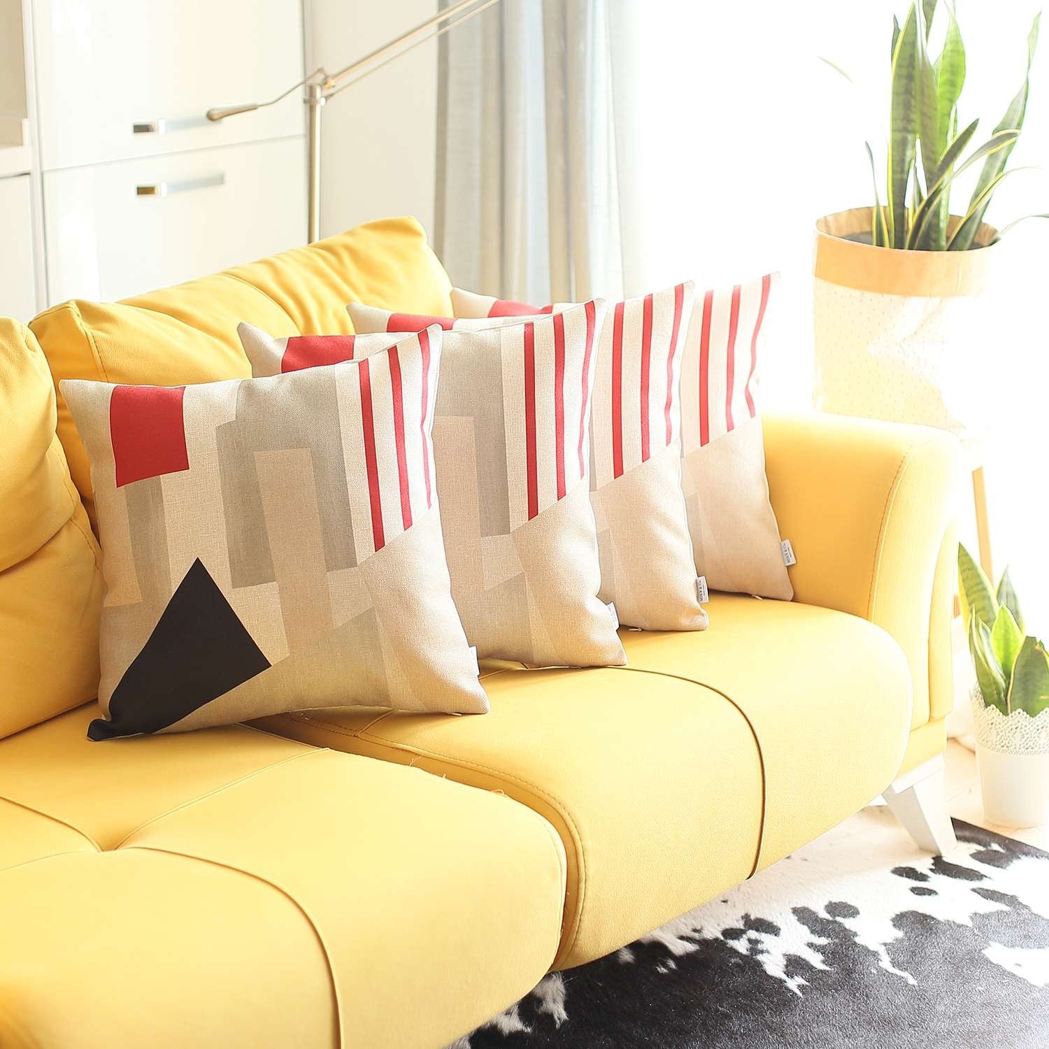 Set Of 4 Red And Ivory Printed Pillow Covers-Accent Throw Pillows-DECOROLALA