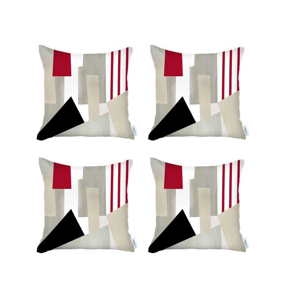 Set Of 4 Red And Ivory Printed Pillow Covers-Accent Throw Pillows-DECOROLALA
