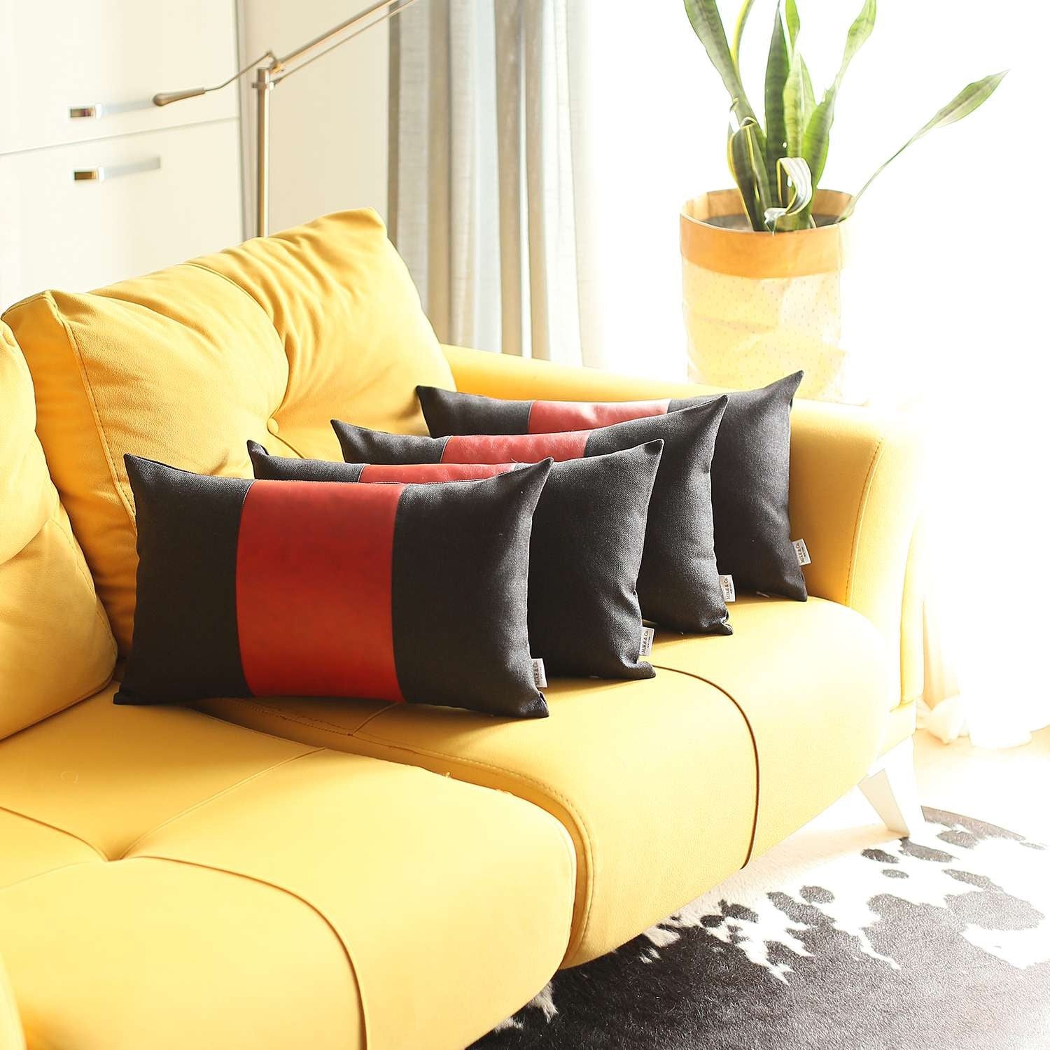 Set Of 4 Red Faux Leather Lumbar Pillow Covers-Accent Throw Pillows-DECOROLALA