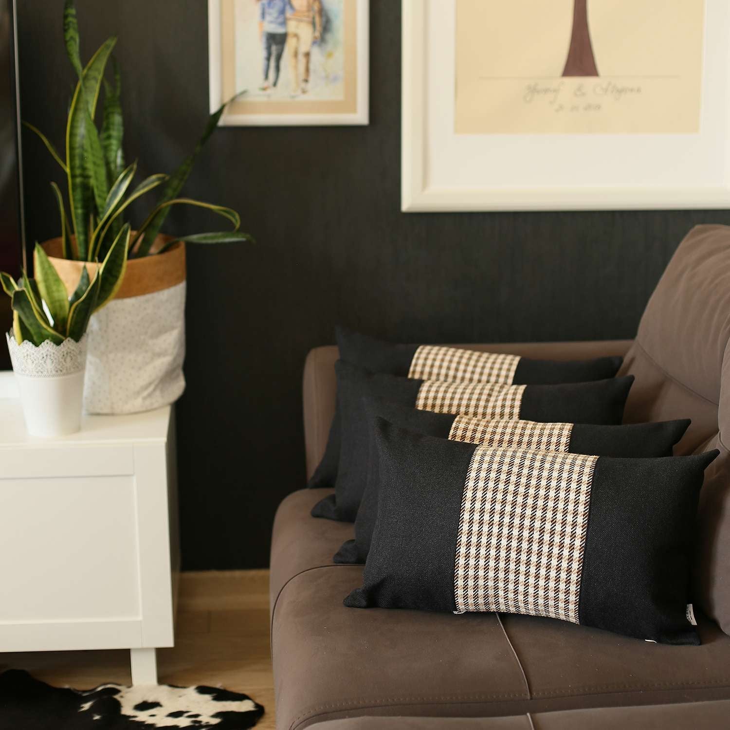 Set Of 4 Tan And Black Center Lumbar Pillow Covers-Accent Throw Pillows-DECOROLALA