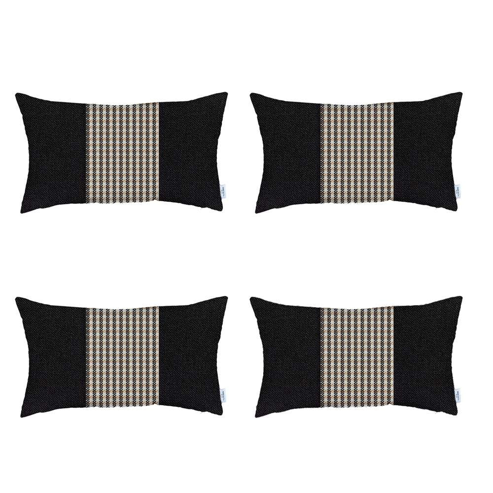 Set Of 4 Tan And Black Center Lumbar Pillow Covers-Accent Throw Pillows-DECOROLALA