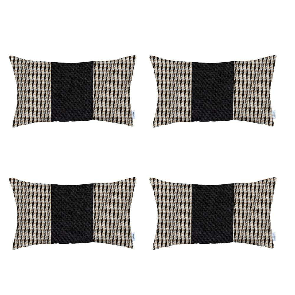 Set Of 4 Tan Houndstooth Lumbar Pillow Covers-Accent Throw Pillows-DECOROLALA