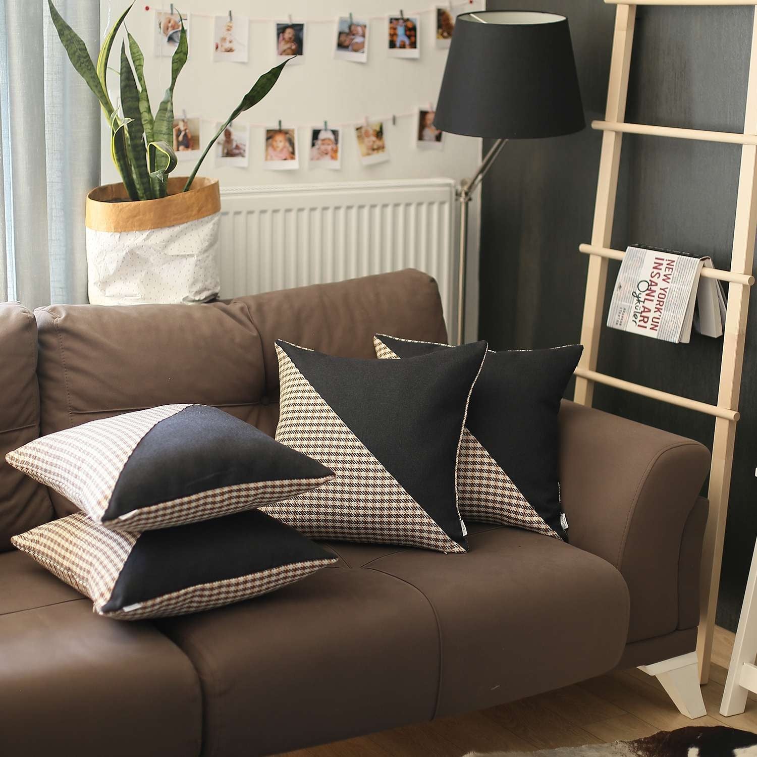 Set Of 4 Tan Houndstooth Pillow Covers-Accent Throw Pillows-DECOROLALA