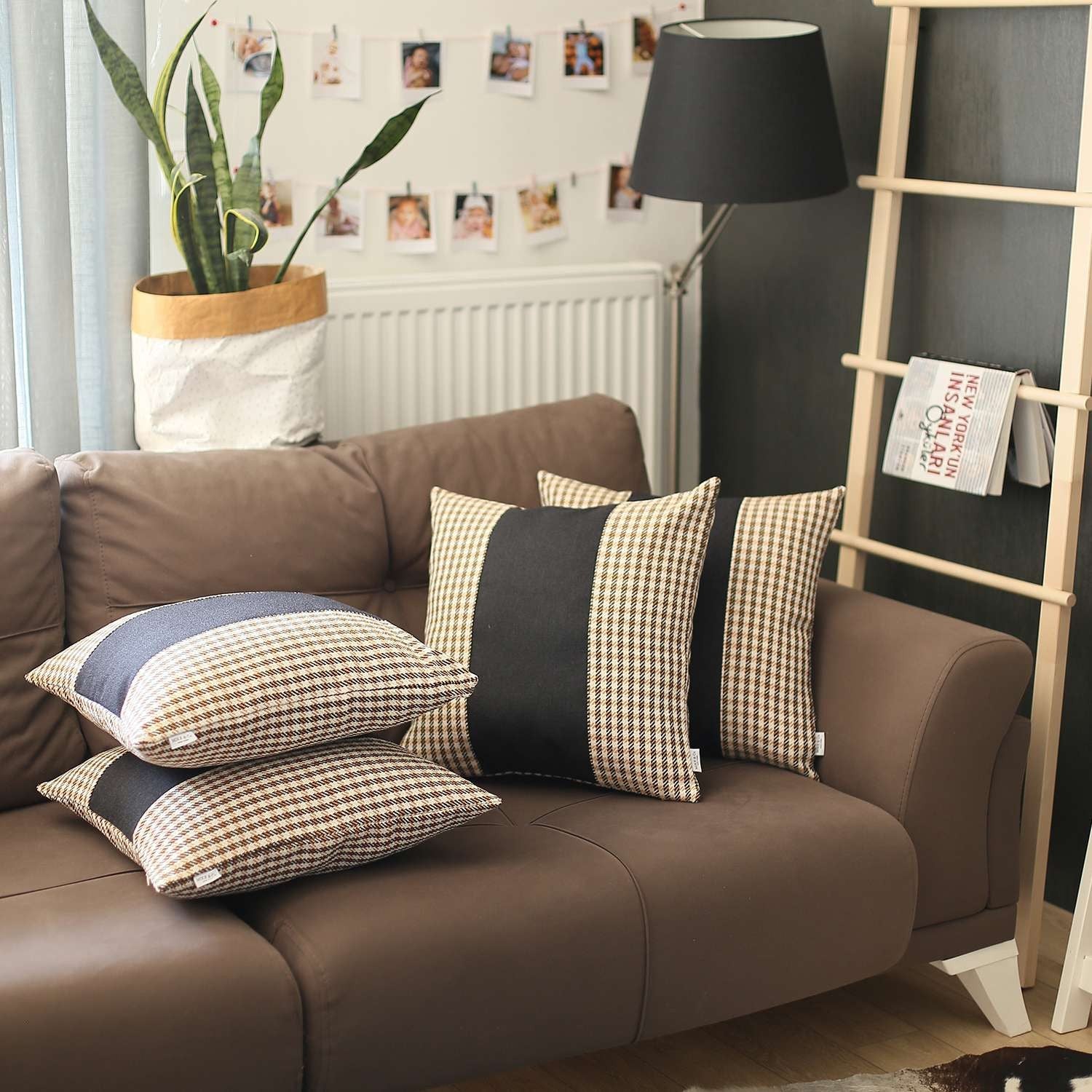 Set Of 4 Tan Houndstooth Pillow Covers-Accent Throw Pillows-DECOROLALA