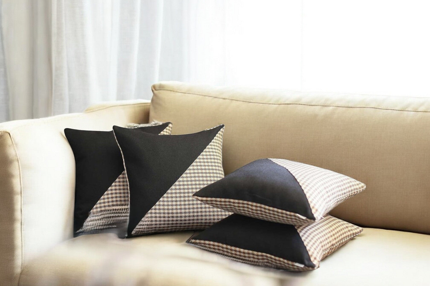 Set Of 4 Tan Houndstooth Pillow Covers-Accent Throw Pillows-DECOROLALA