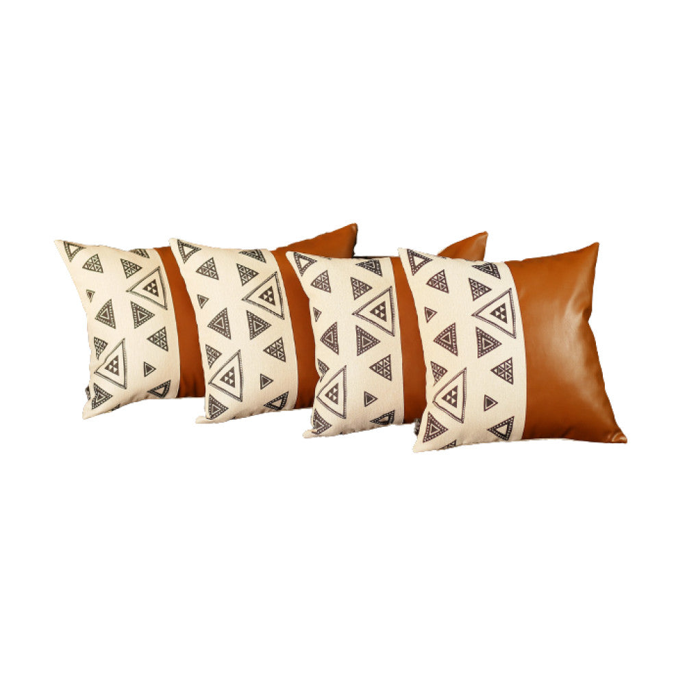 Set Of 4 Triangle And Brown Faux Leather Pillow Covers-Accent Throw Pillows-DECOROLALA