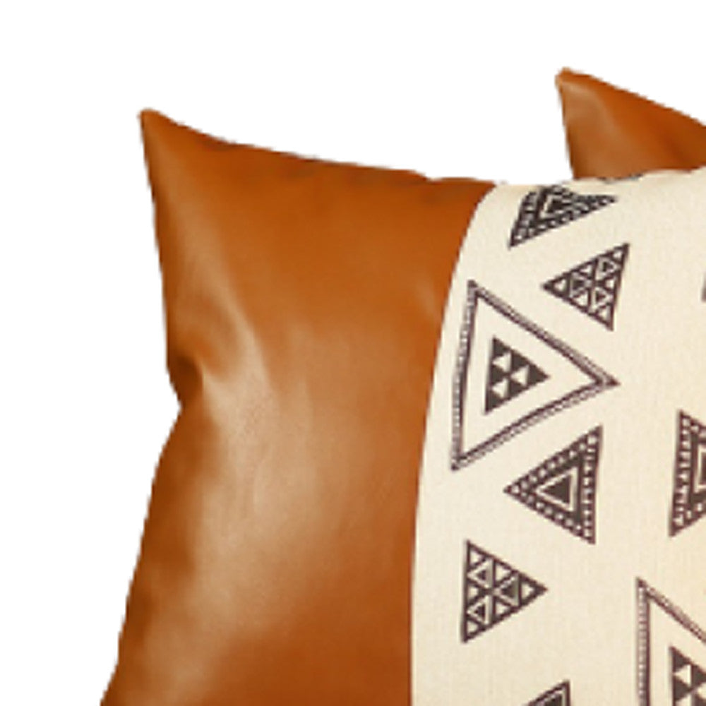 Set Of 4 Triangle And Brown Faux Leather Pillow Covers-Accent Throw Pillows-DECOROLALA