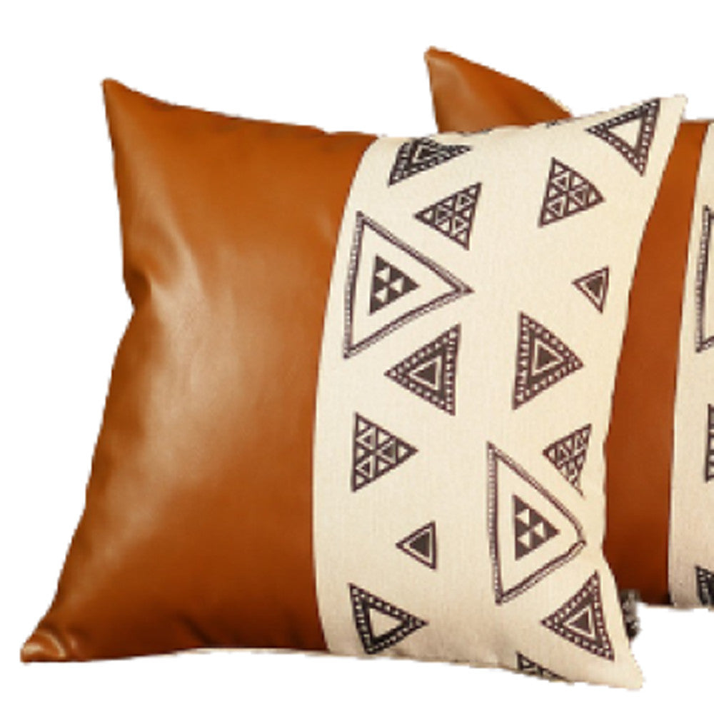 Set Of 4 Triangle And Brown Faux Leather Pillow Covers-Accent Throw Pillows-DECOROLALA