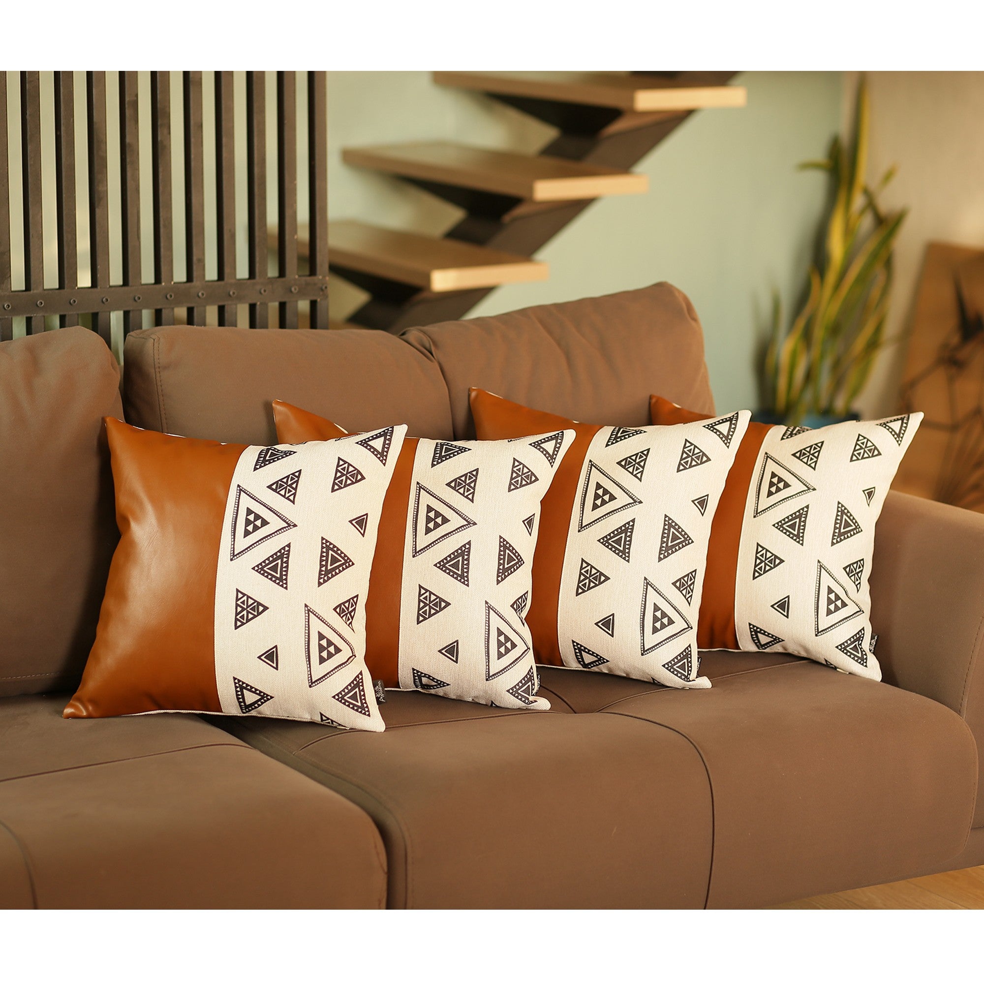 Set Of 4 Triangle And Brown Faux Leather Pillow Covers-Accent Throw Pillows-DECOROLALA
