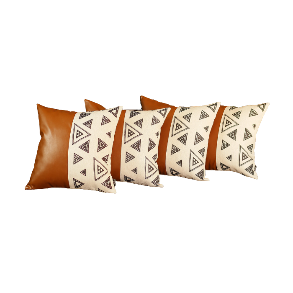 Set Of 4 Triangle And Brown Faux Leather Pillow Covers-Accent Throw Pillows-DECOROLALA
