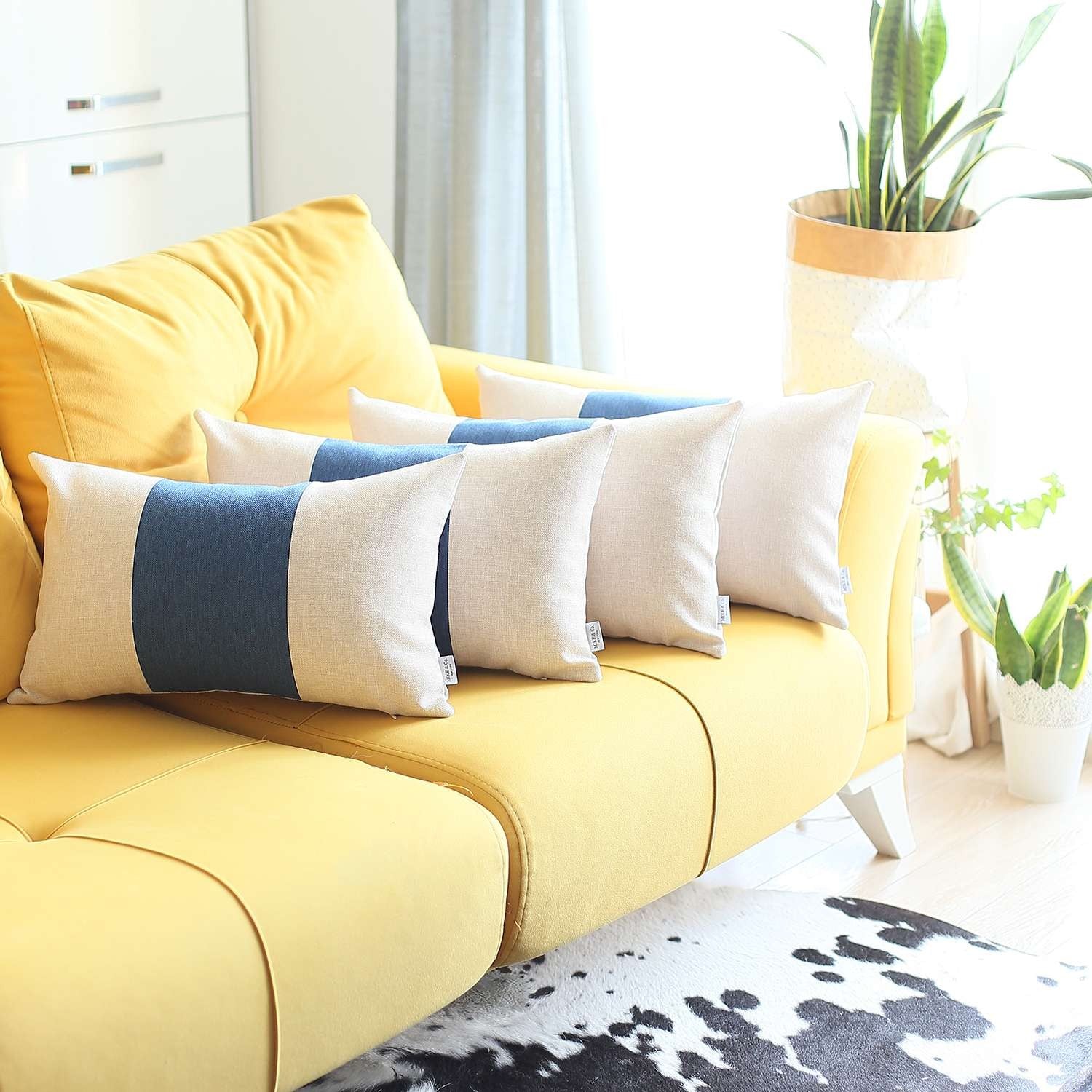 Set Of 4 White And Blue Lumbar Pillow Covers-Accent Throw Pillows-DECOROLALA