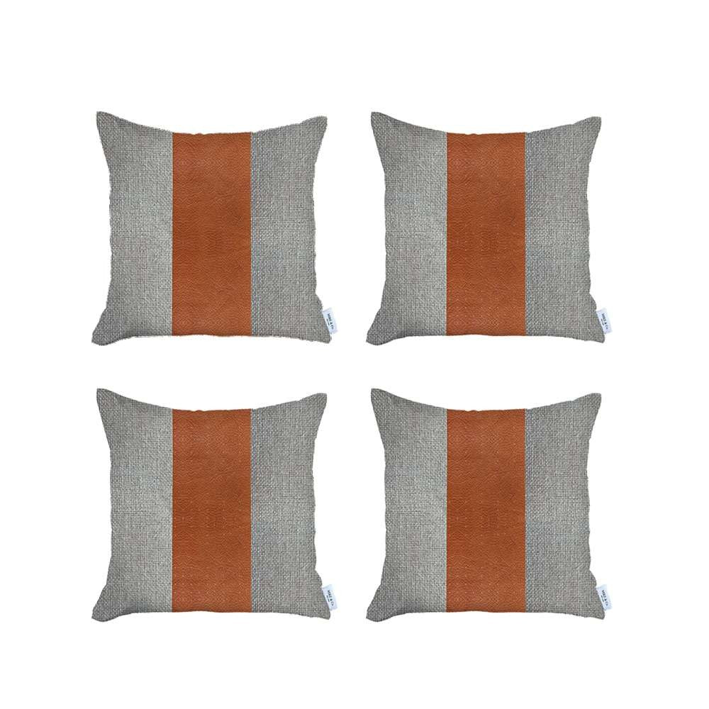 Set Of 4 White And Brown Faux Leather Pillow Covers-Accent Throw Pillows-DECOROLALA