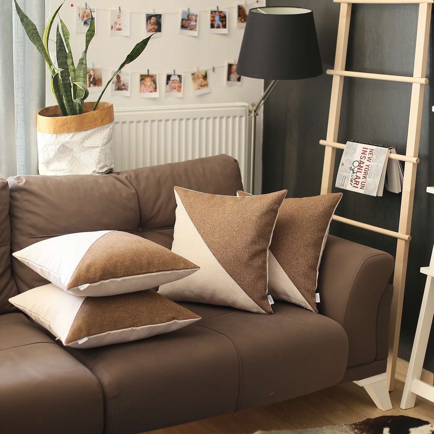 Set Of 4 White And Tan Diagonal Pillow Covers-Accent Throw Pillows-DECOROLALA