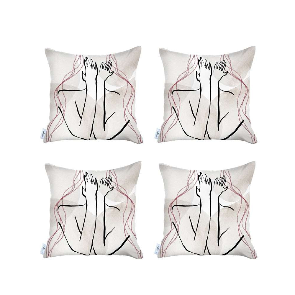 Set Of 4 White Boho Chic Printed Pillow Covers-Accent Throw Pillows-DECOROLALA