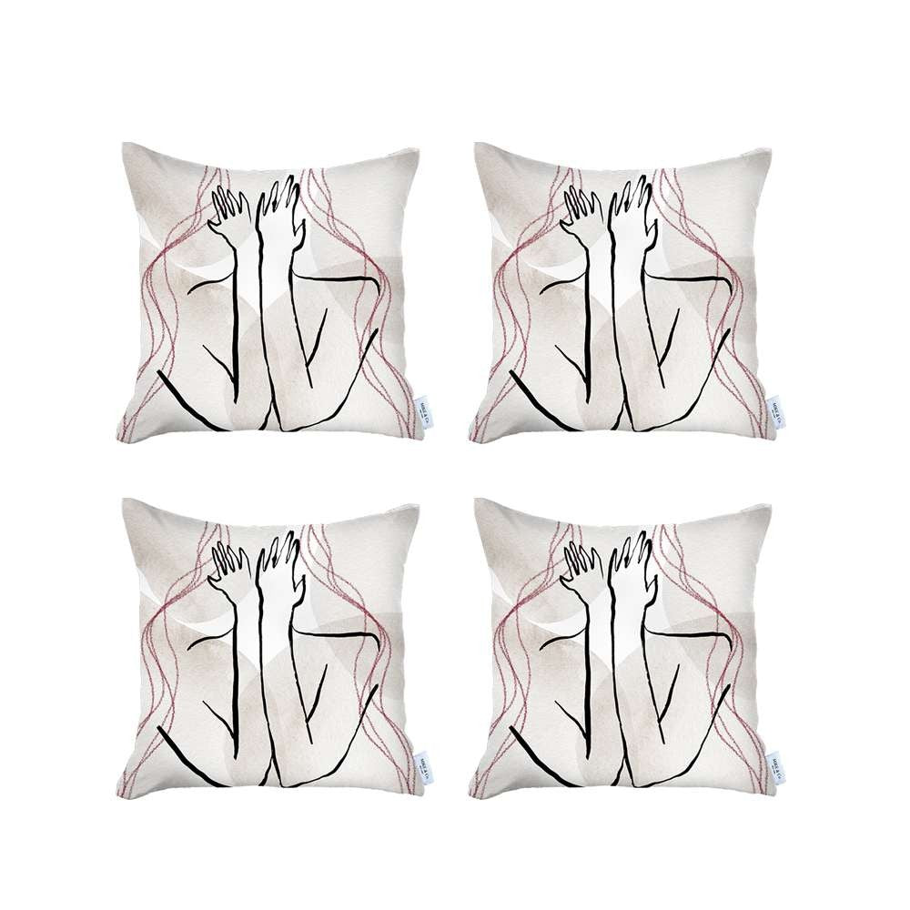 Set Of 4 White Boho Chic Printed Pillow Covers-Accent Throw Pillows-DECOROLALA