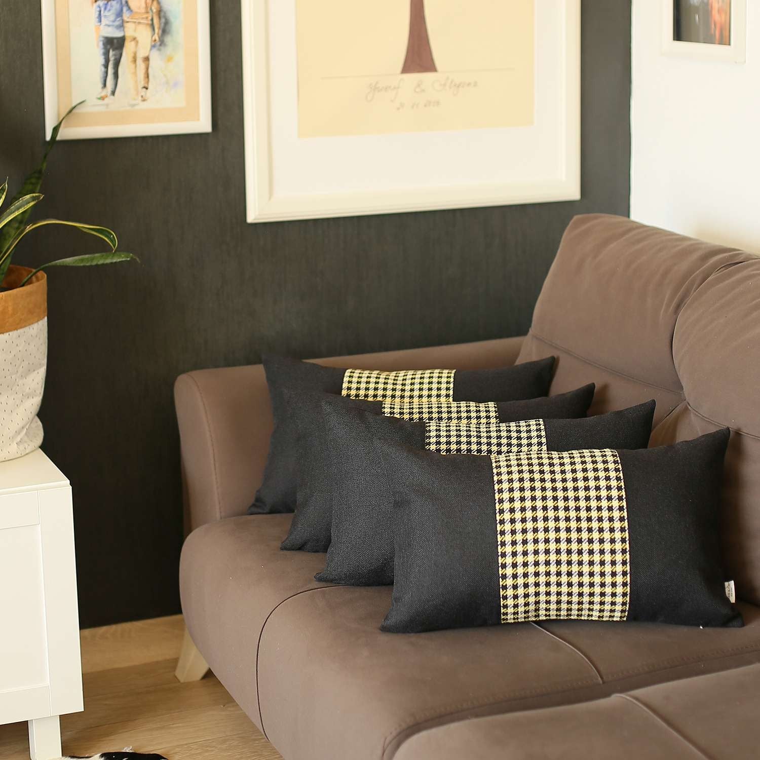 Set Of 4 Yellow And Black Center Lumbar Pillow Covers-Accent Throw Pillows-DECOROLALA