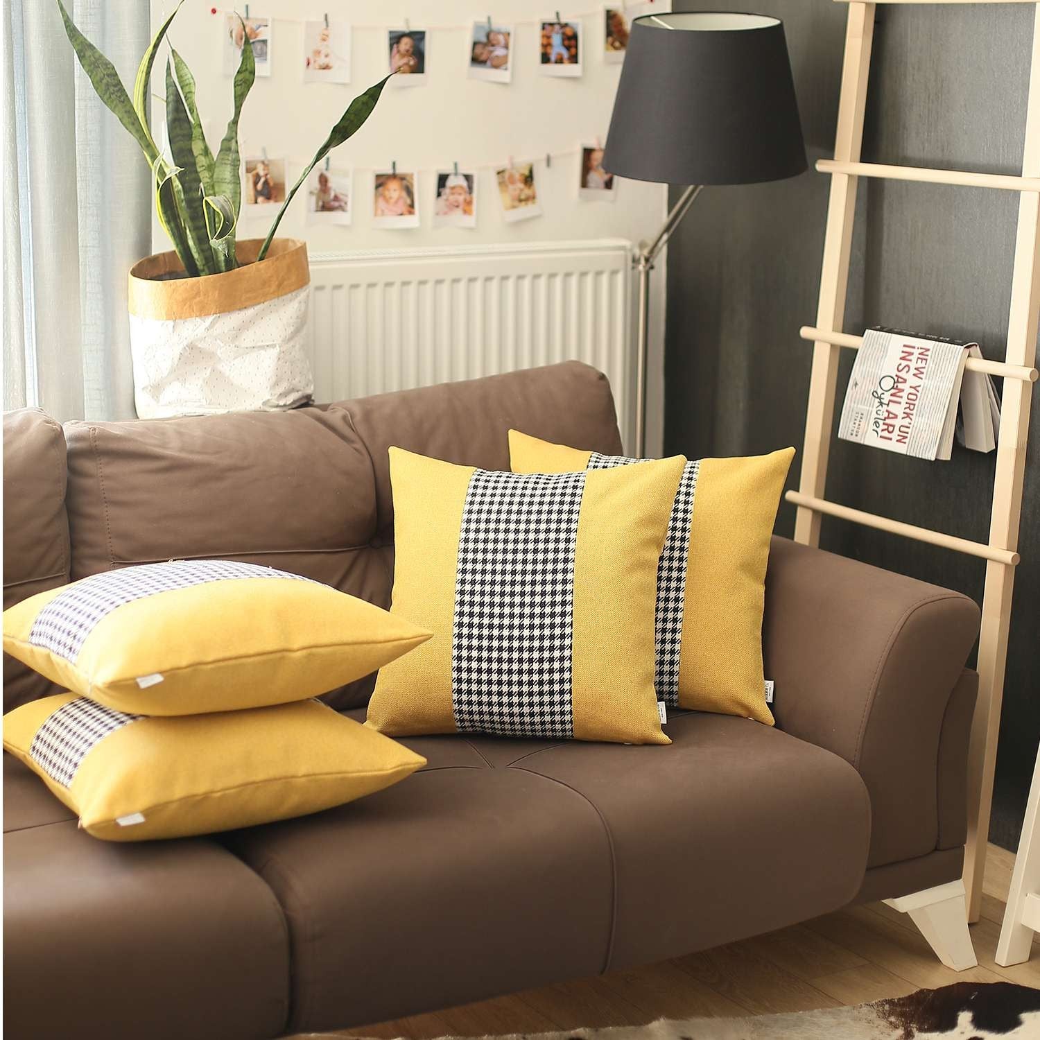 Set Of 4 Yellow And Black Houndstooth Pillow Covers-Accent Throw Pillows-DECOROLALA