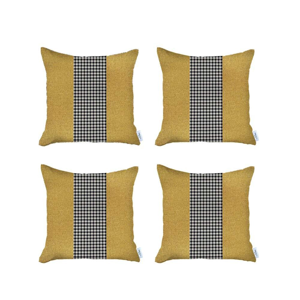 Set Of 4 Yellow And Black Houndstooth Pillow Covers-Accent Throw Pillows-DECOROLALA