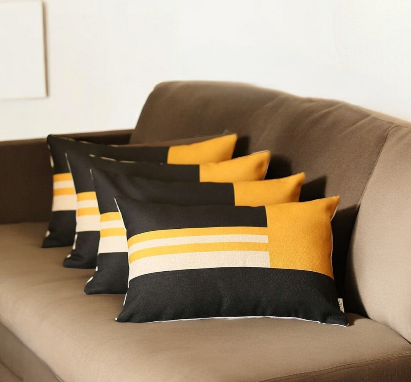 Set Of 4 Yellow And Black Lumbar Pillow Covers-Accent Throw Pillows-DECOROLALA