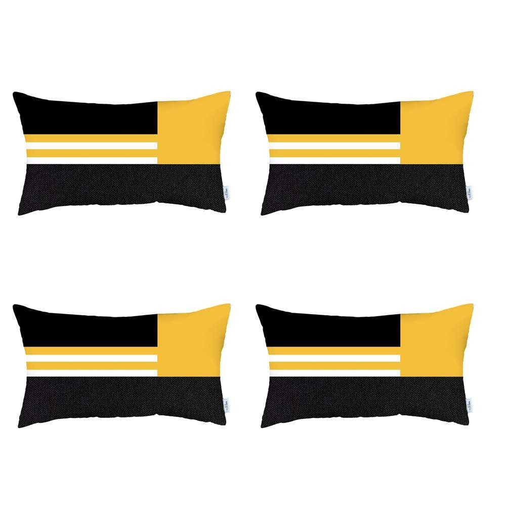 Set Of 4 Yellow And Black Lumbar Pillow Covers-Accent Throw Pillows-DECOROLALA