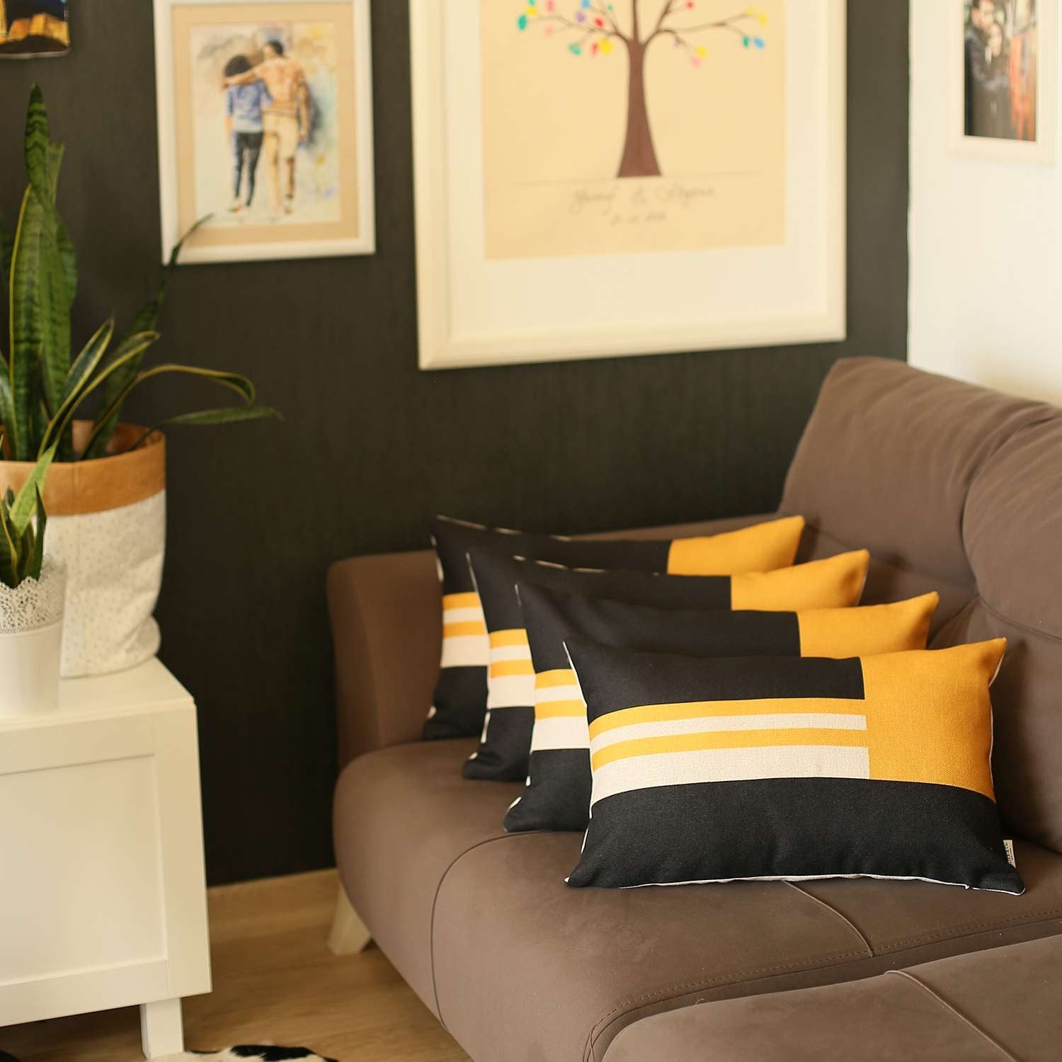 Set Of 4 Yellow And Black Lumbar Pillow Covers-Accent Throw Pillows-DECOROLALA