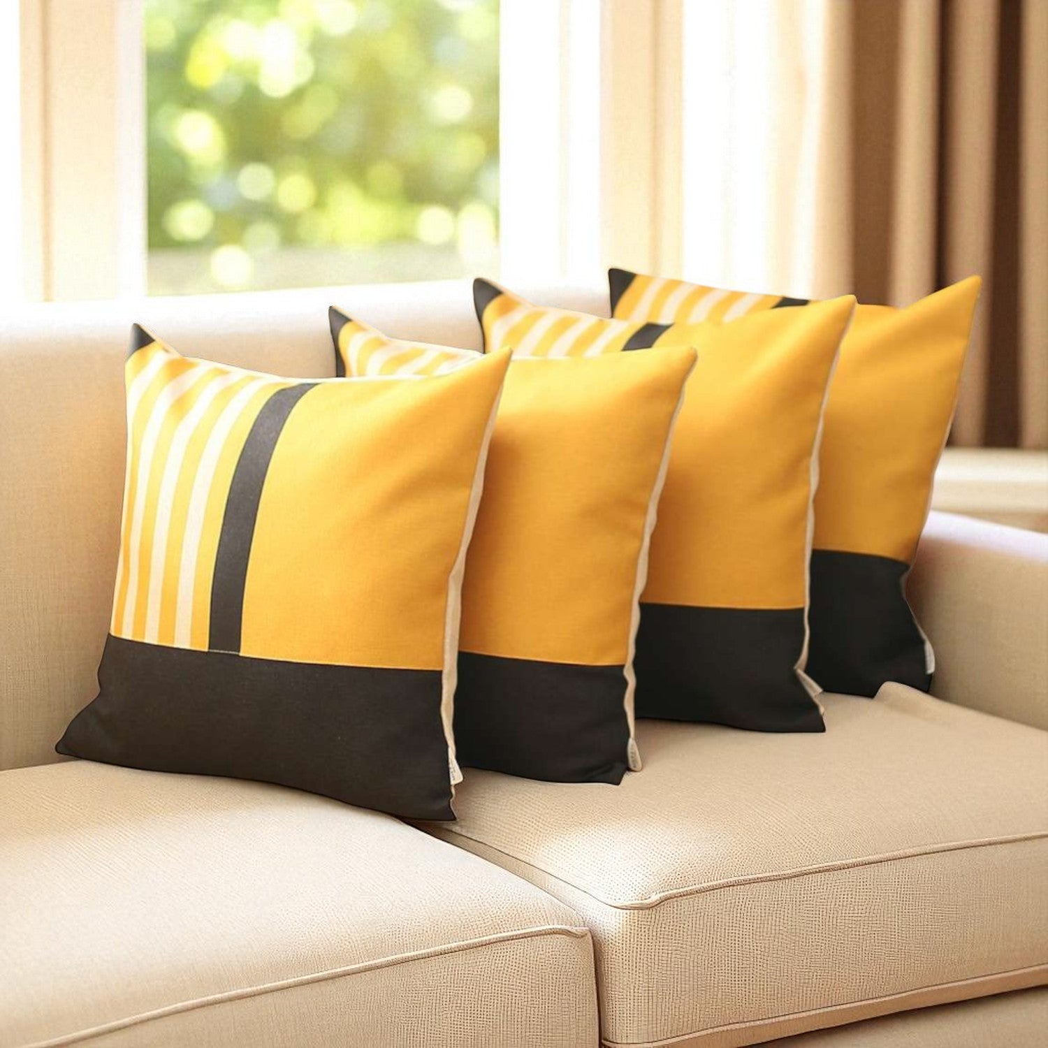 Set Of 4 Yellow And Black Printed Pillow Covers-Accent Throw Pillows-DECOROLALA