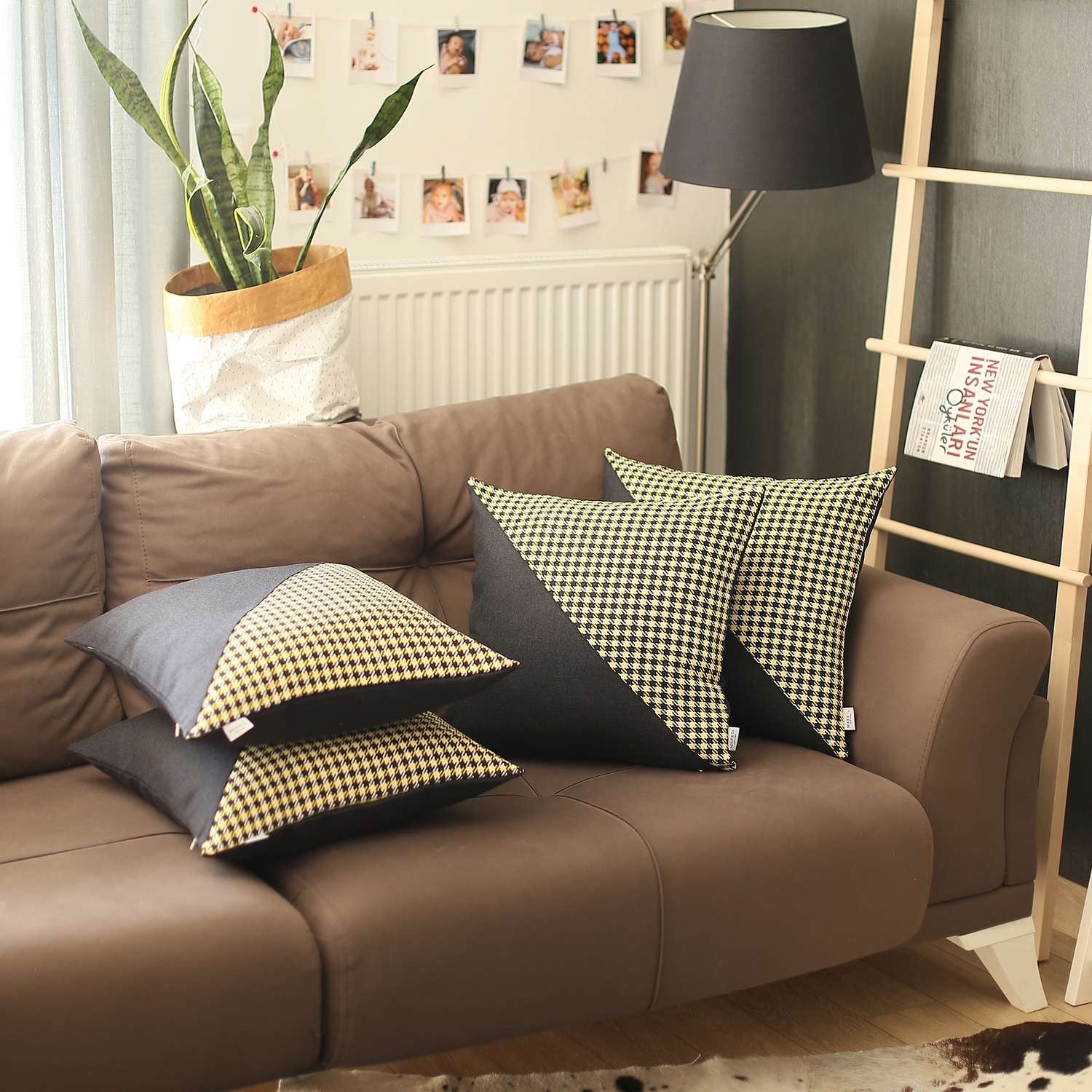 Set Of 4 Yellow Houndstooth Pillow Covers-Accent Throw Pillows-DECOROLALA