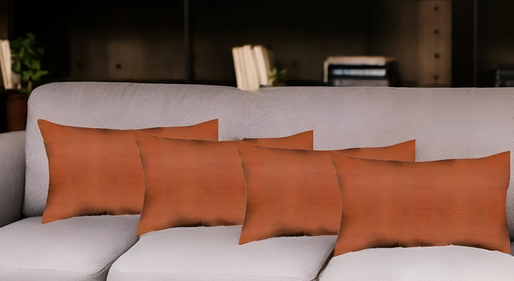 Set Of Four 12" X 12" Brown Solid Color Handmade Faux Leather Lumbar Pillows-Accent Throw Pillows-DECOROLALA
