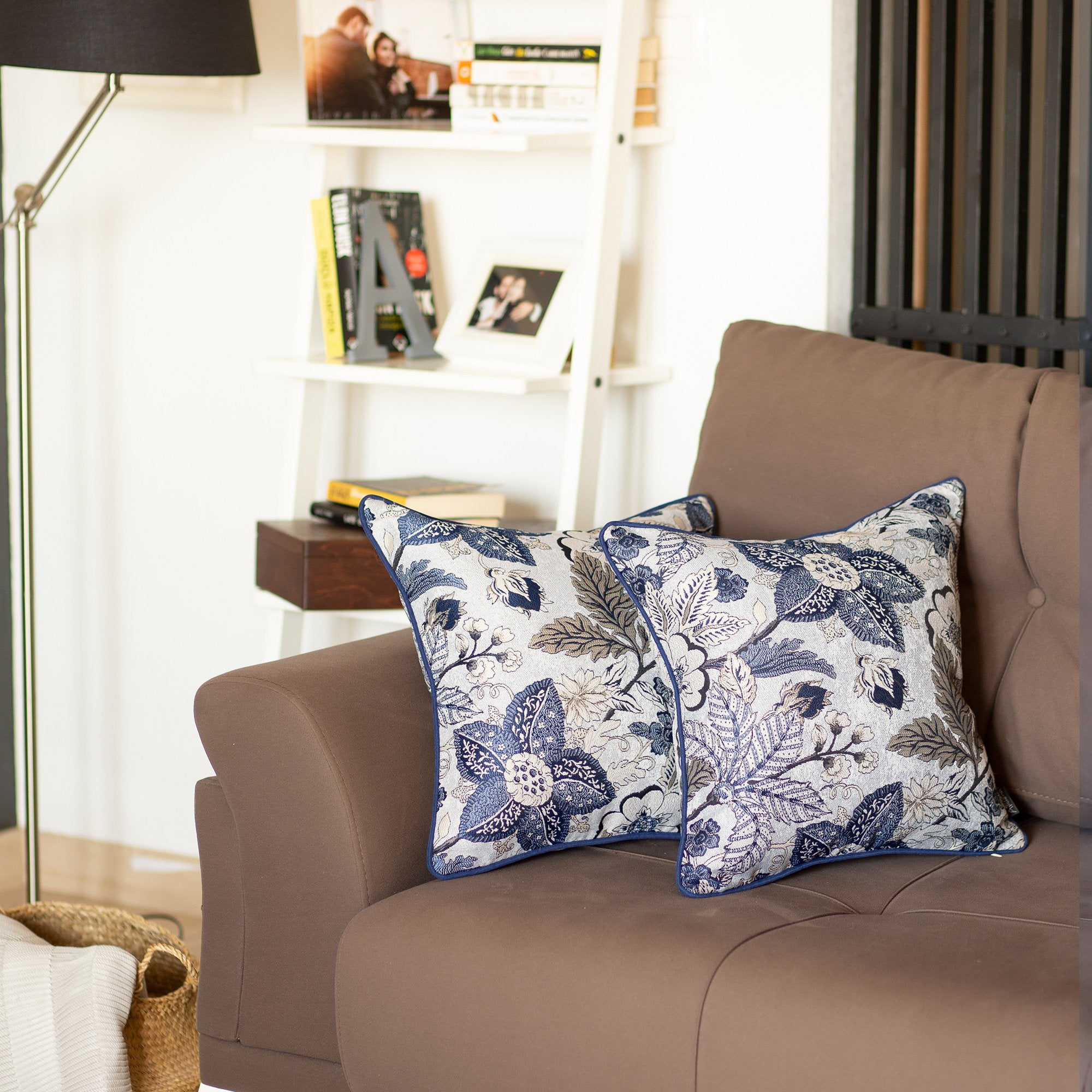 Set Of Four 17'' X 17'' Blue And Beige Floral Polyester Throw Pillow Cover-Accent Throw Pillows-DECOROLALA