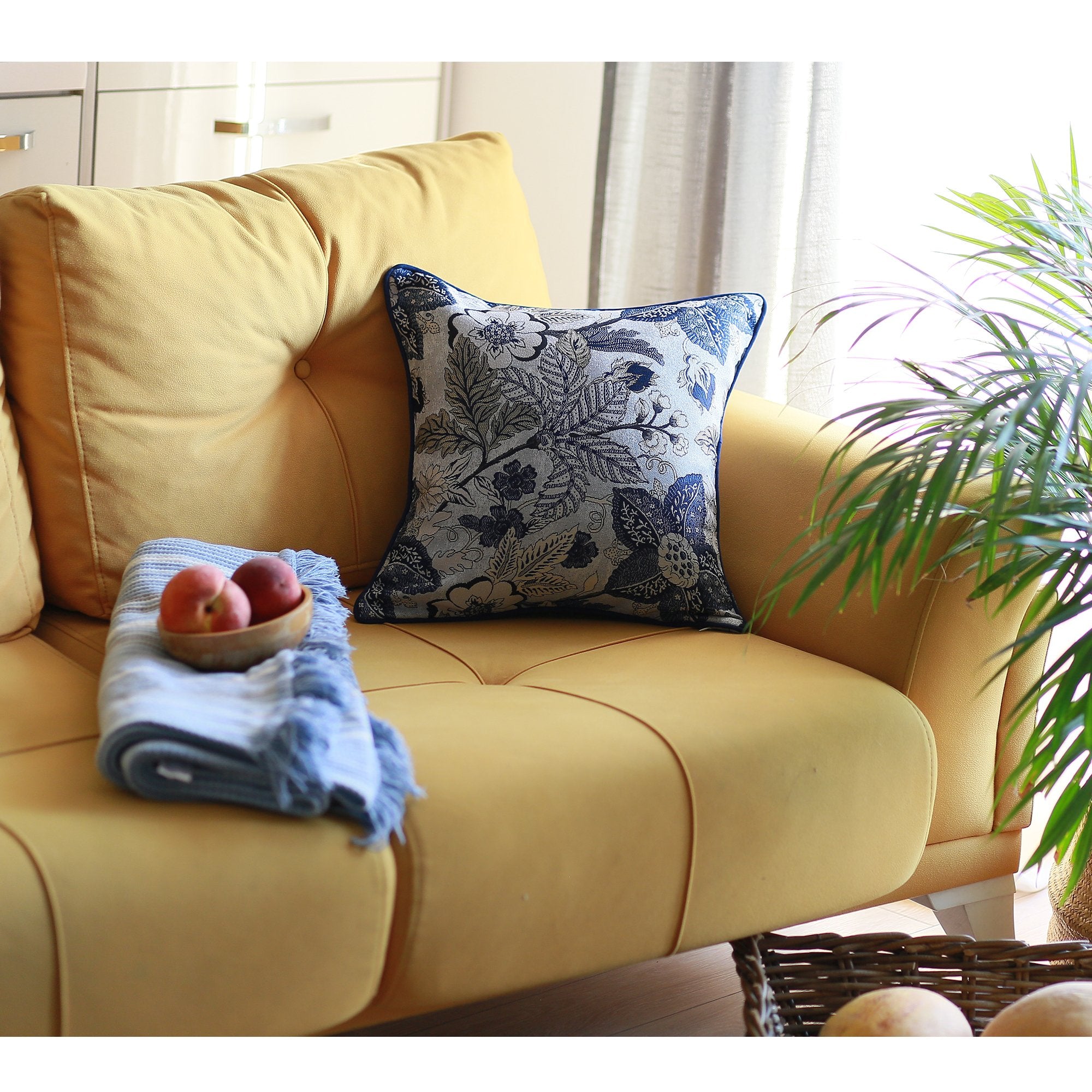 Set Of Four 17'' X 17'' Blue And Beige Floral Polyester Throw Pillow Cover-Accent Throw Pillows-DECOROLALA