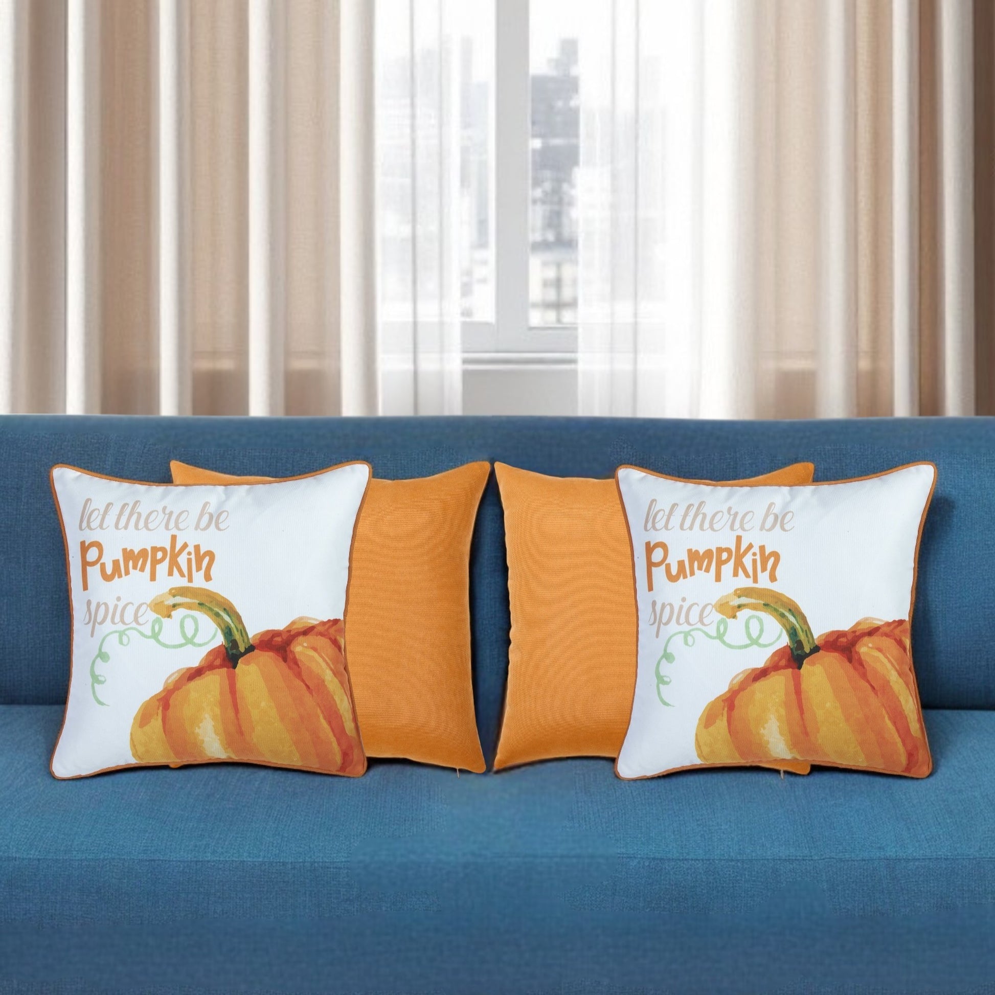 Set Of Four 18" Orange And White Pumpkin Spice Throw Pillow Covers-Accent Throw Pillows-DECOROLALA