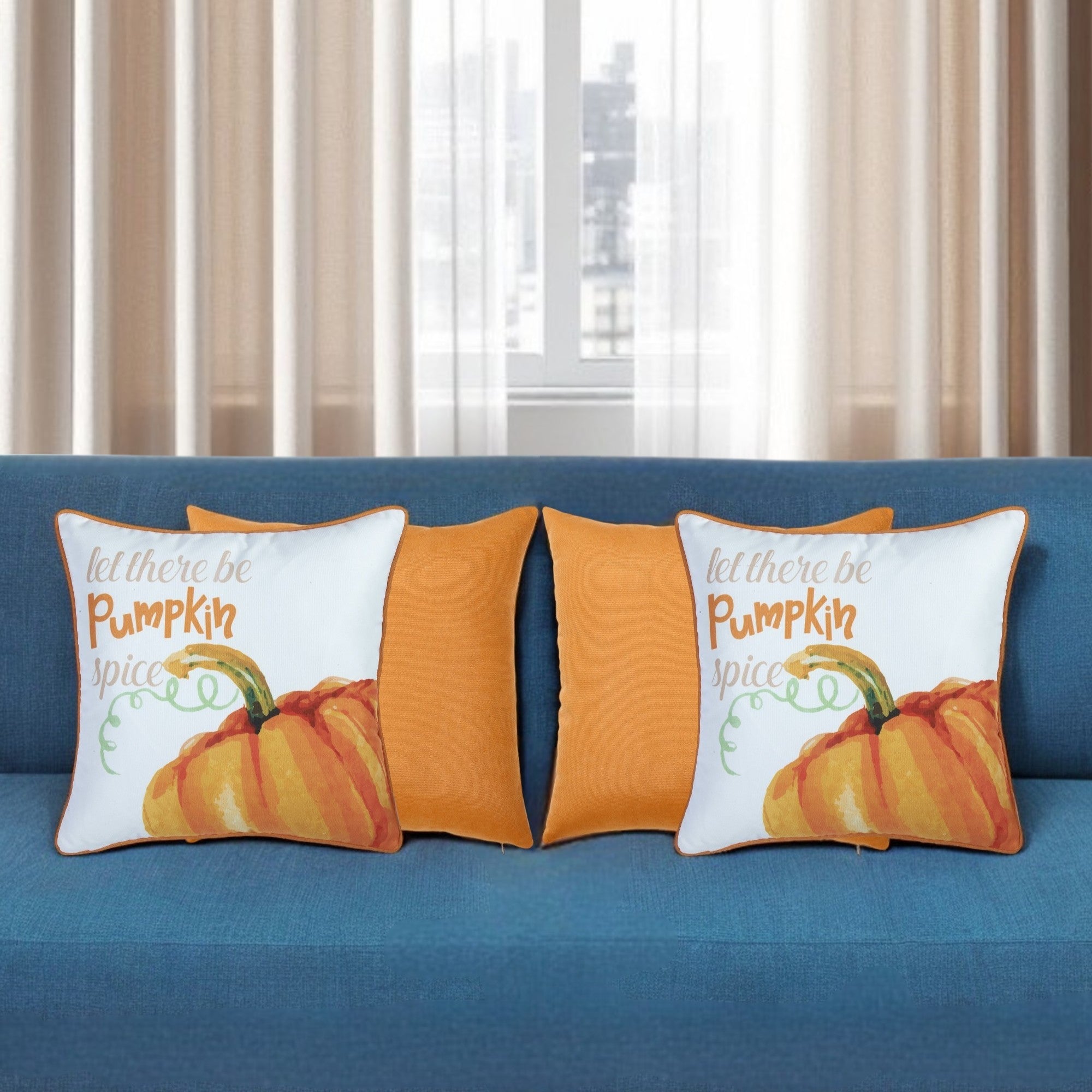Set Of Four 18" Orange And White Pumpkin Spice Throw Pillow Covers-Accent Throw Pillows-DECOROLALA
