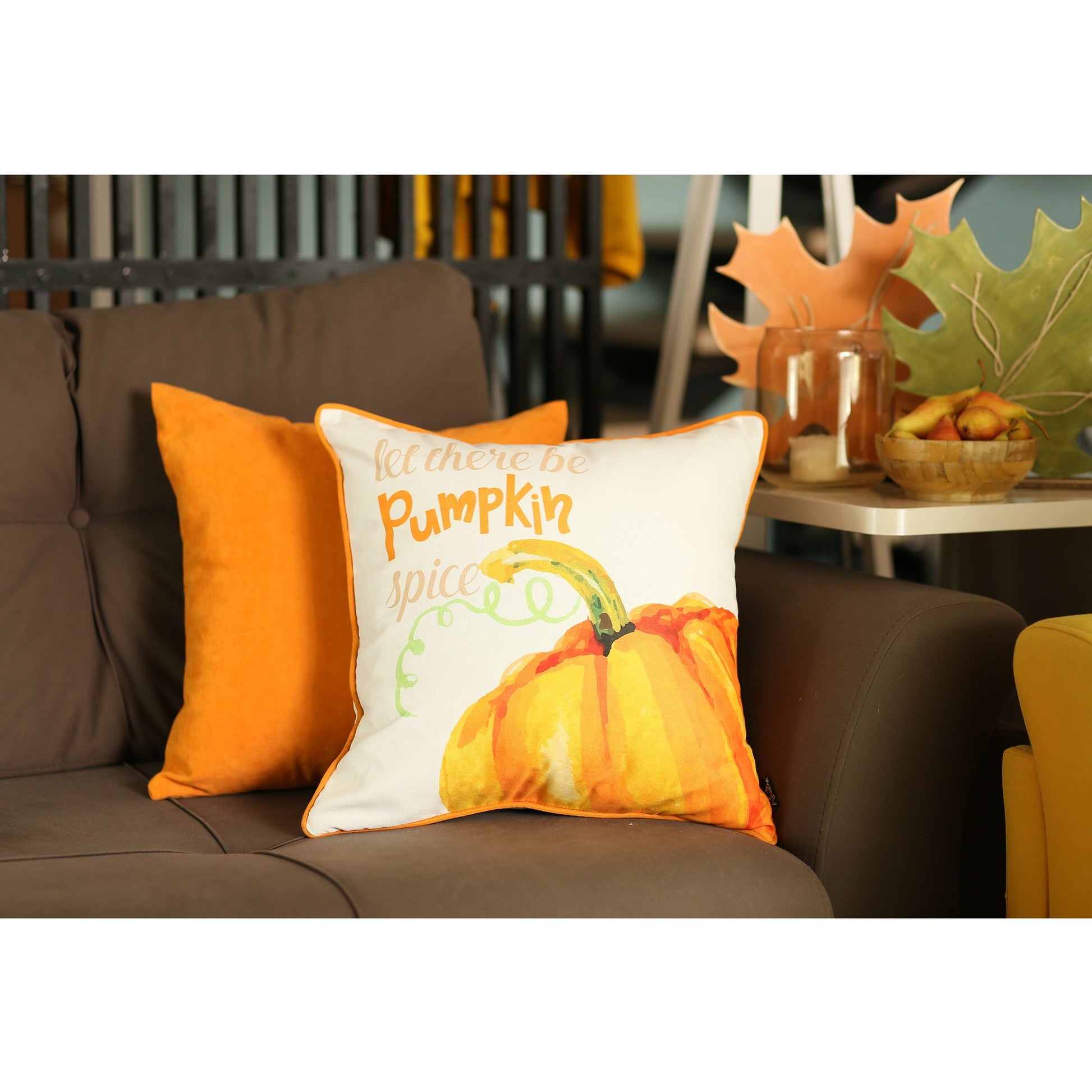 Set Of Four 18" Orange And White Pumpkin Spice Throw Pillow Covers-Accent Throw Pillows-DECOROLALA
