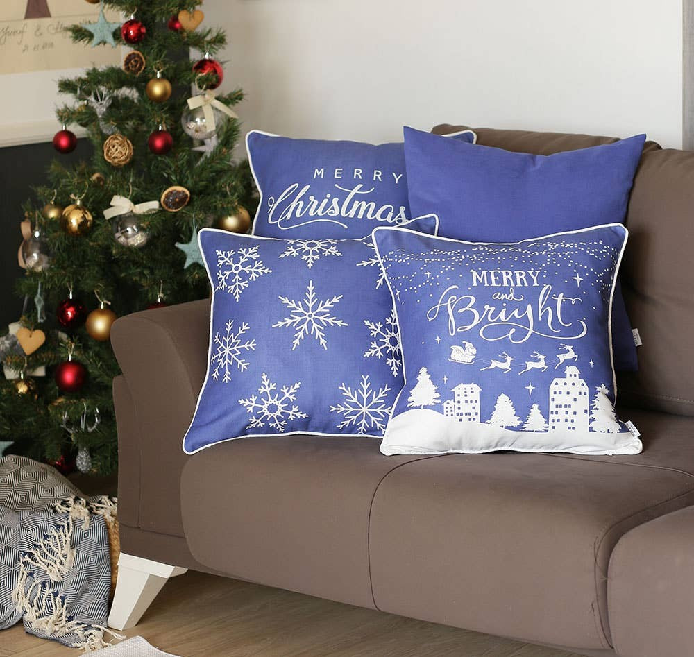 Set Of Four 18" X 18" Blue Zippered Polyester Christmas Reindeer Throw Pillow-Accent Throw Pillows-DECOROLALA